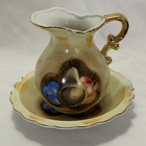 VTG Original Artmark Japan Pitcher & Bowl Set Hand Painted Fruit Gold Handle MCM